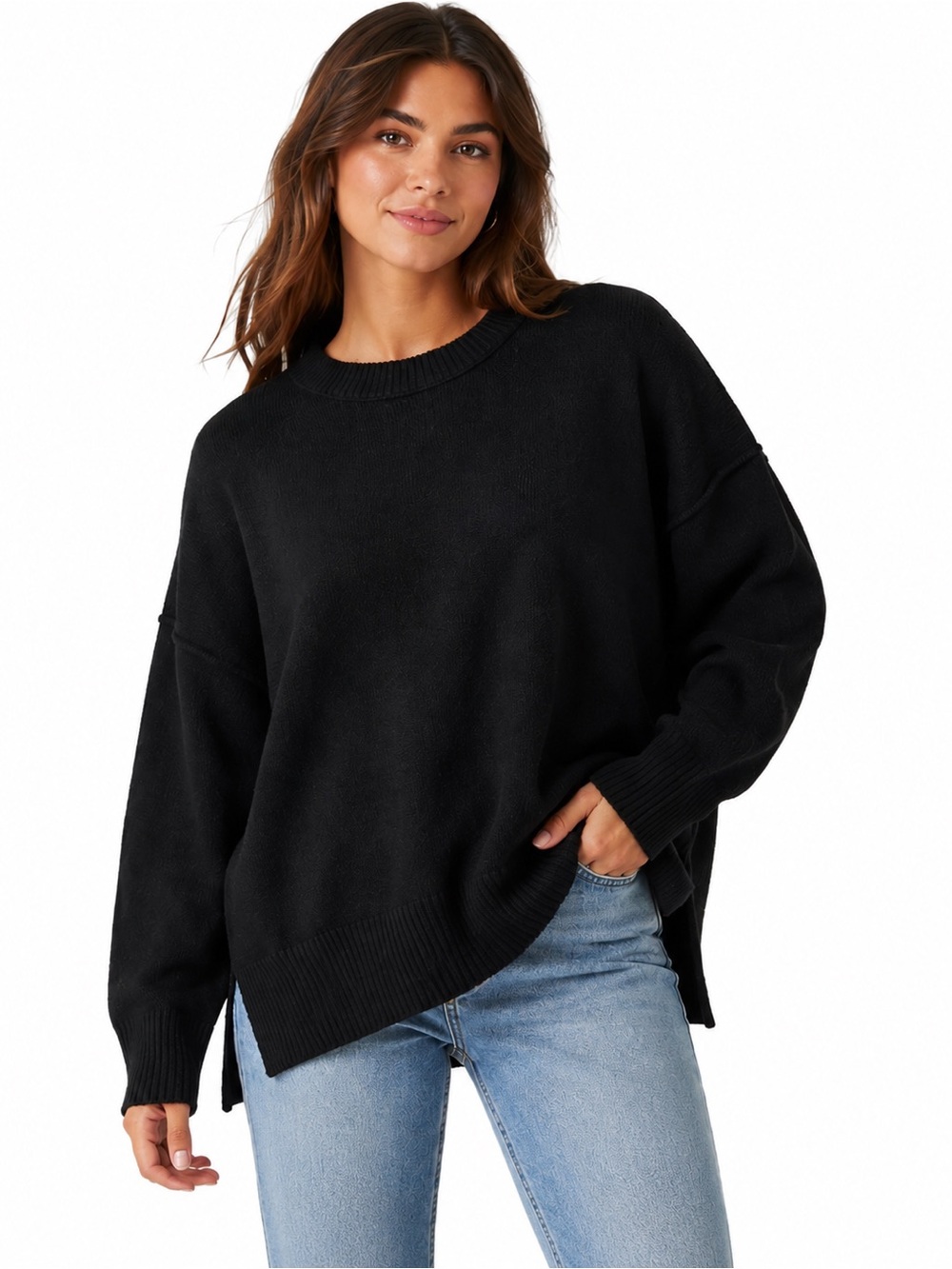Aerie Crewneck Over-Sized Side Slit Knit Sweater